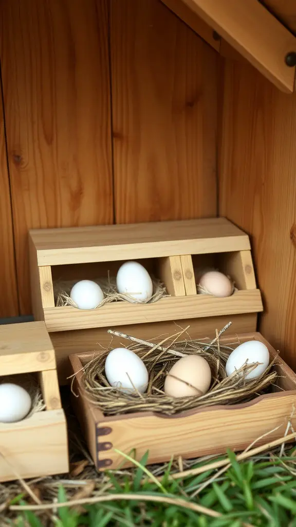 Wooden chicken nesting boxes filled with straw and eggs