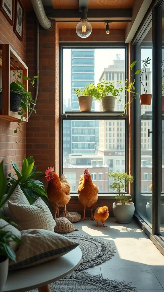 A cozy urban chicken loft with chickens and houseplants by large windows in a modern setting.