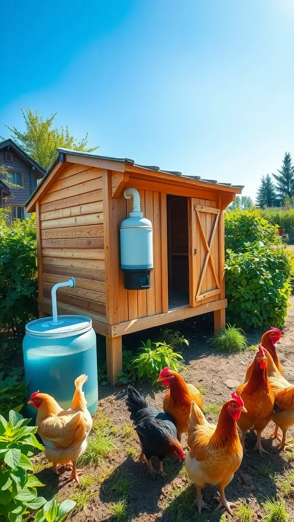 A wooden chicken tractor with a rainwater catchment system and chickens in a garden.