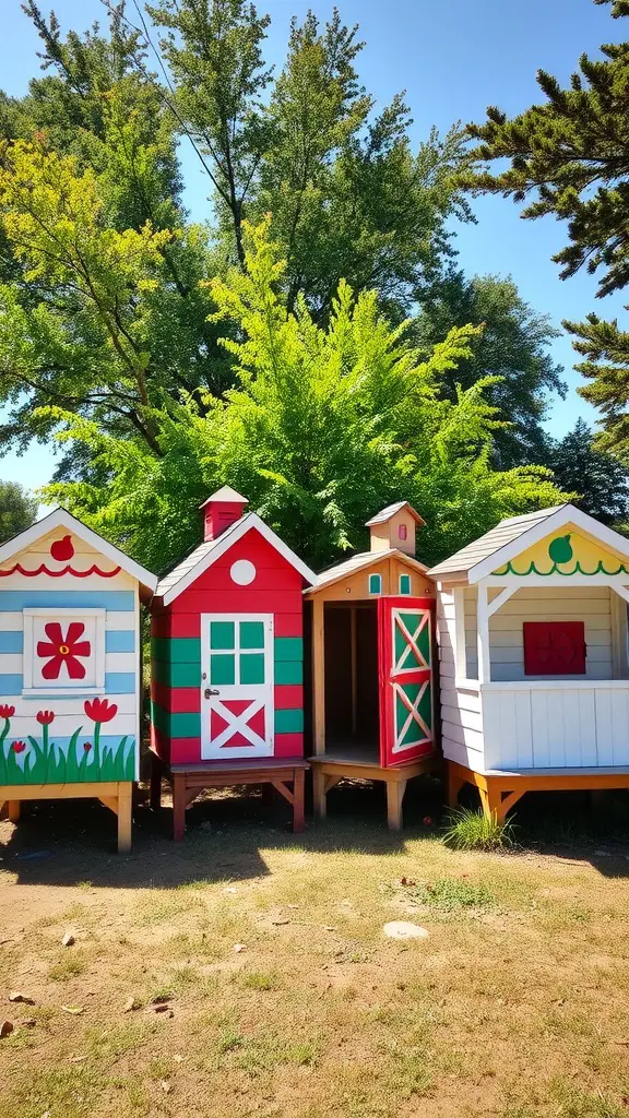 Colorful painted chicken houses in a sunny backyard setting