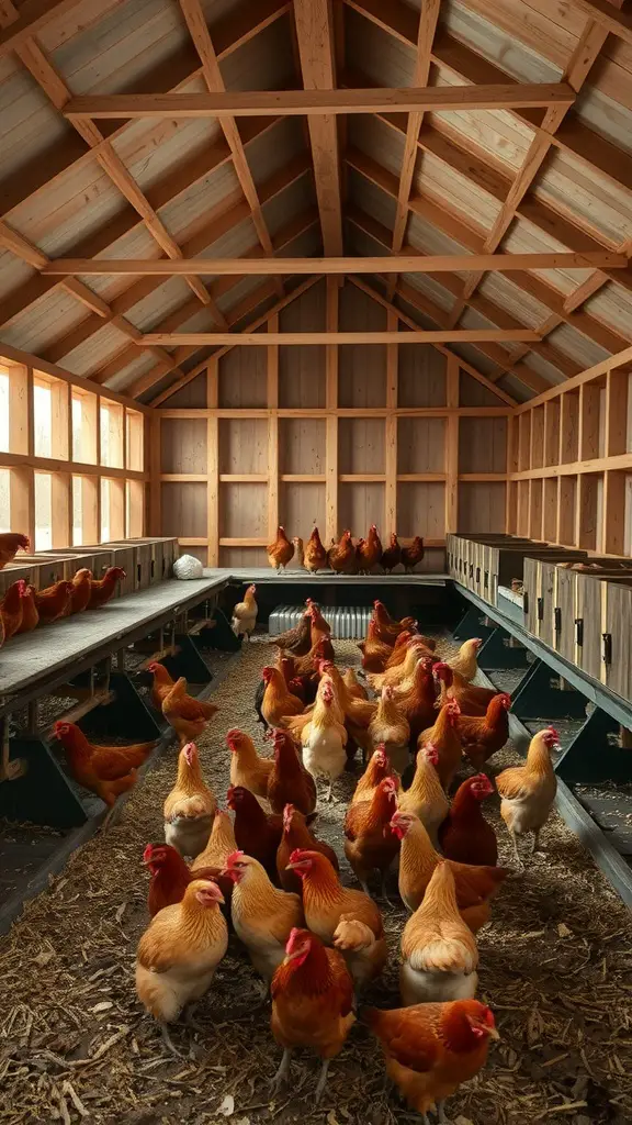 Interior view of a large chicken coop with many chickens and wooden structures.
