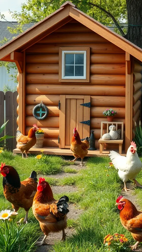 Charming wooden chicken coop with chickens in a grassy area.