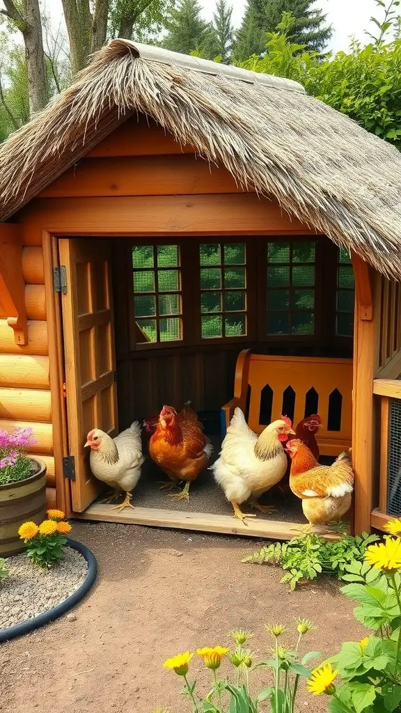 A cozy cottage-style chicken tractor with a thatched roof and chickens in front of it.