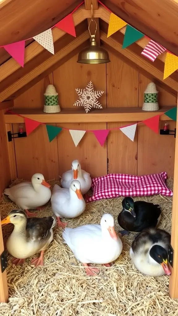 A cozy duck coop named Quack Shack with ducks inside, colorful decorations, and soft bedding.