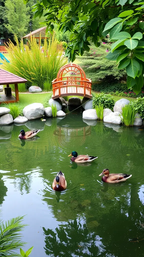 A serene duck pond with ducks swimming, surrounded by greenery and a wooden bridge.