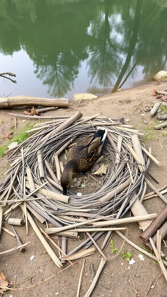 A duck sitting in a nest made of twigs and leaves by a pond.
