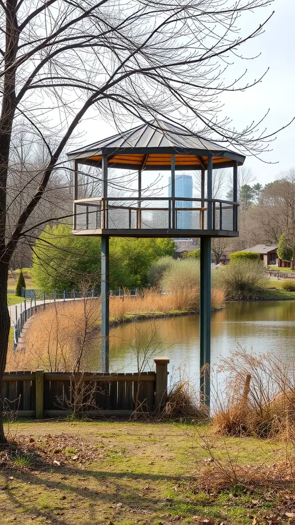 A wooden observation tower overlooking a peaceful pond with trees and a path.
