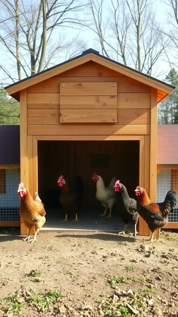 A wooden chicken coop with several chickens standing outside, showcasing a well-designed entrance.