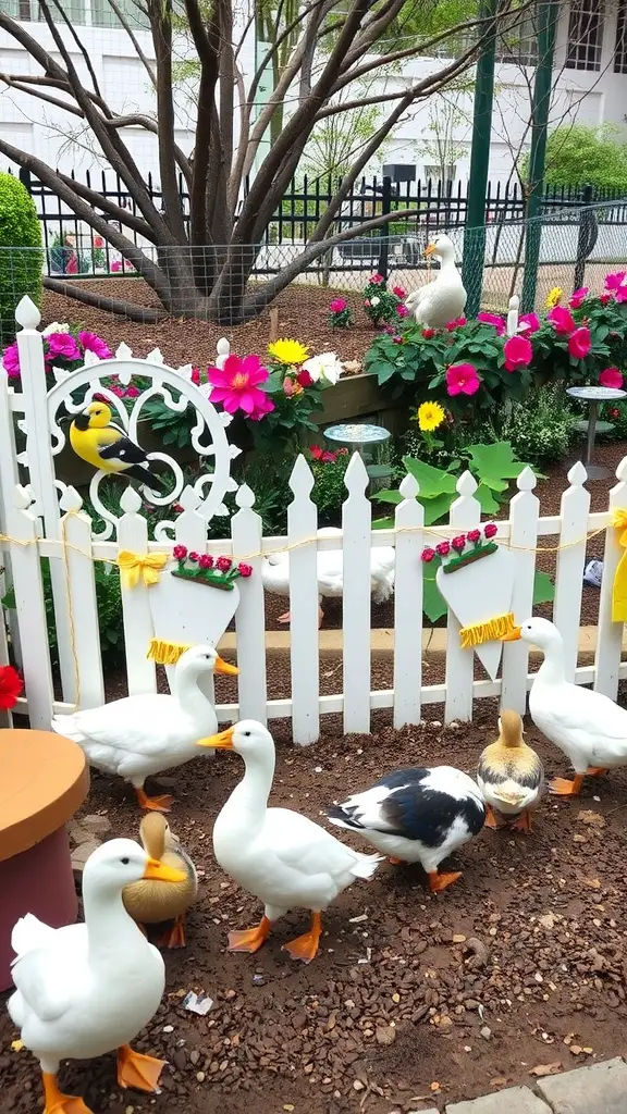 A decorative white picket fence with flowers and ducks in a garden setting