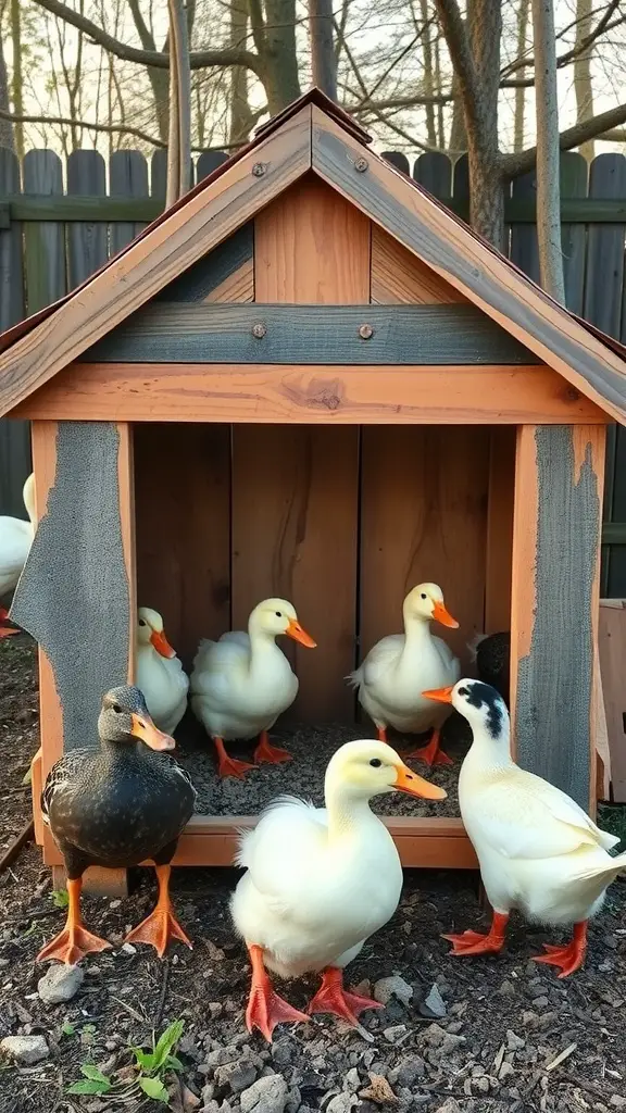 A duck coop made from reclaimed materials with ducks outside