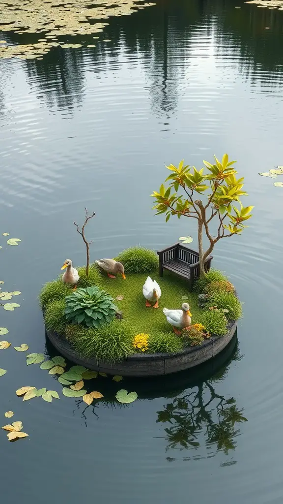 A floating duck island with ducks, a small bench, and greenery on a pond.
