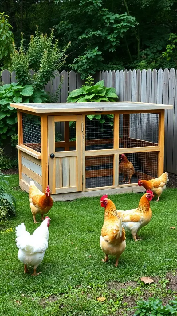 A dog kennel converted into a chicken tractor with chickens outside