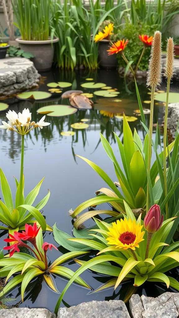 A pond with various colorful flowers and plants, ideal for ducks.