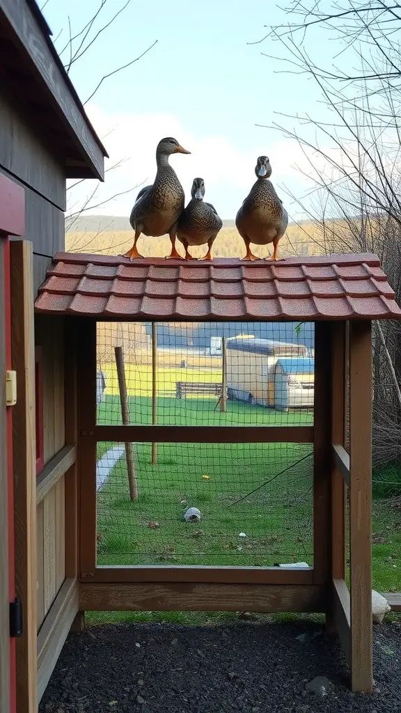 Ducks standing on the rooftop of a coop, overlooking a grassy area.
