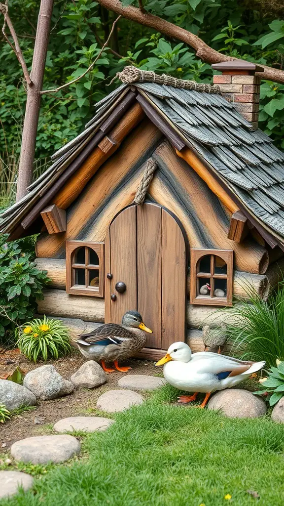 A rustic duck cottage made of natural materials with two ducks in front.