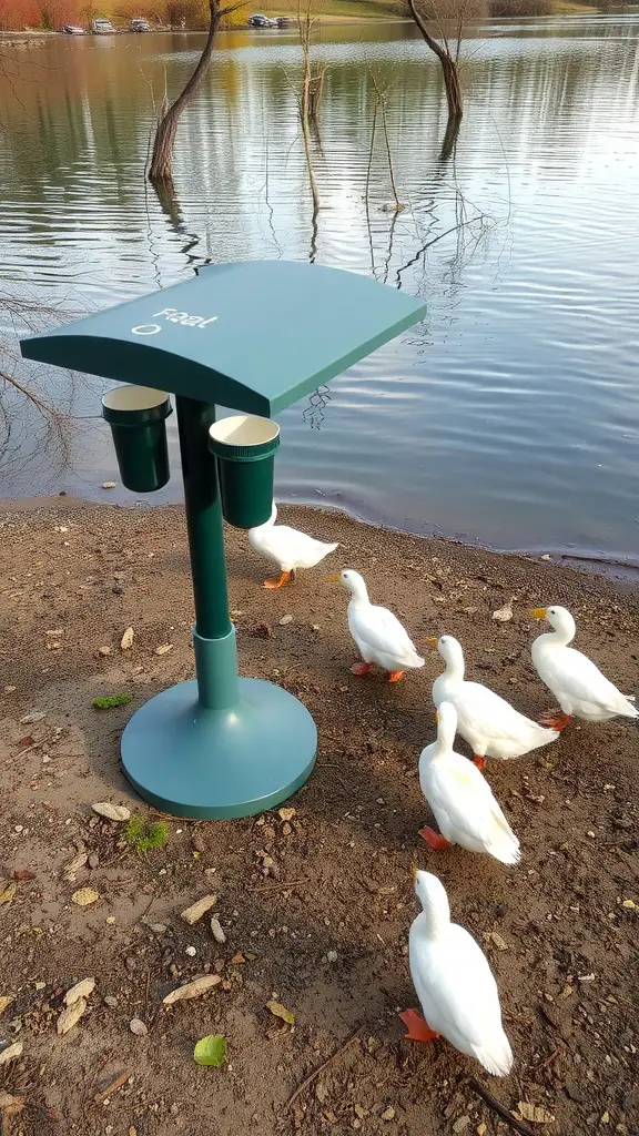 A green duck feeding station by a pond with ducks nearby.