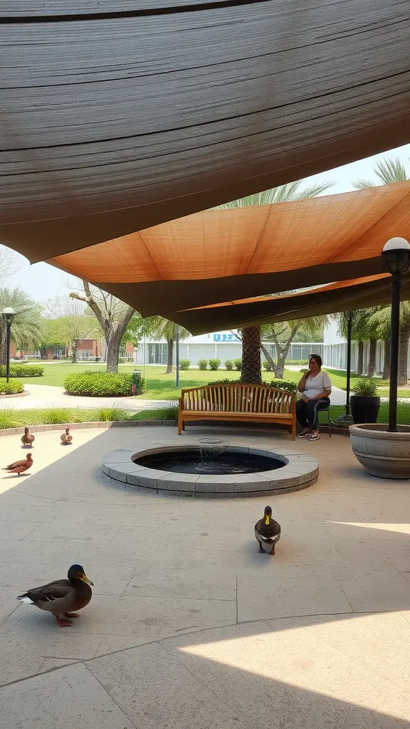 A shaded duck run with ducks, a water feature, and a bench for visitors.