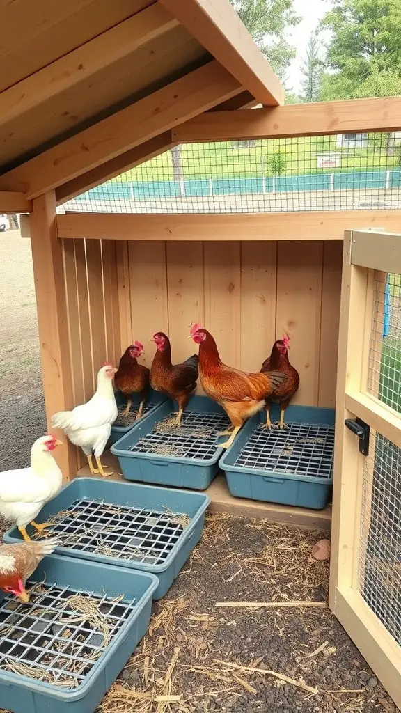 A chicken coop with several chickens inside and easy access cleaning trays