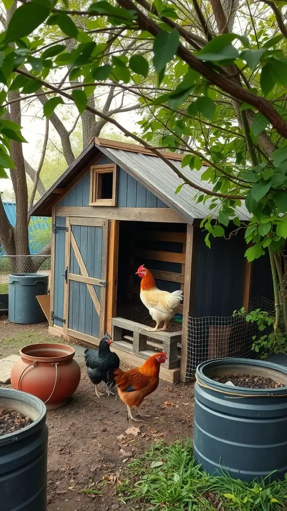 A rustic chicken coop with chickens exploring around it, surrounded by trees and pots.