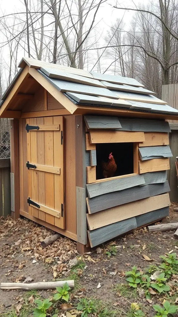 Eco-friendly chicken coop made from recycled materials with a rustic design.