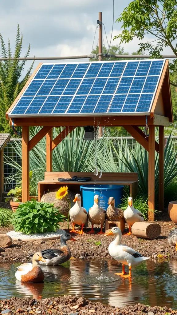 An eco-friendly duck shelter with solar panels and a pond, surrounded by greenery.