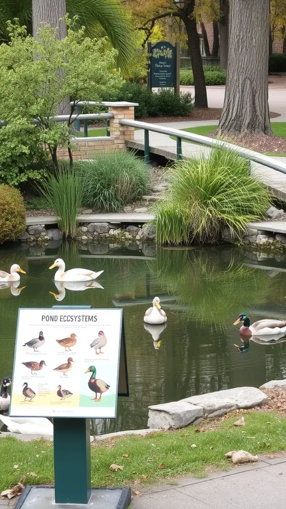 A peaceful duck pond with a variety of ducks and an educational sign about pond ecosystems.