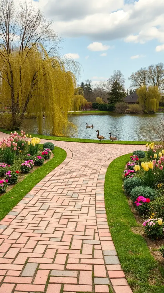 A winding brick pathway along a pond with colorful flowers and ducks swimming.