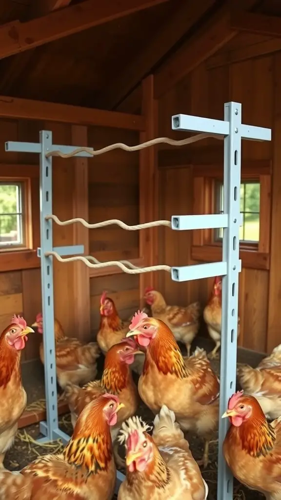 Foldable or removable roost bars in a chicken coop with chickens gathered around.