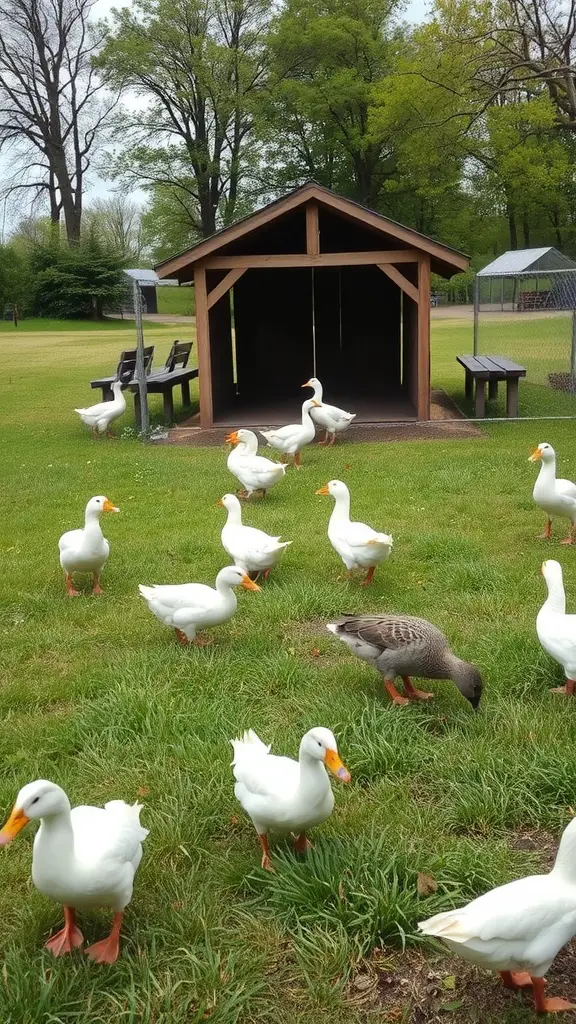 Ducks in a green area with wooden shelter and benches