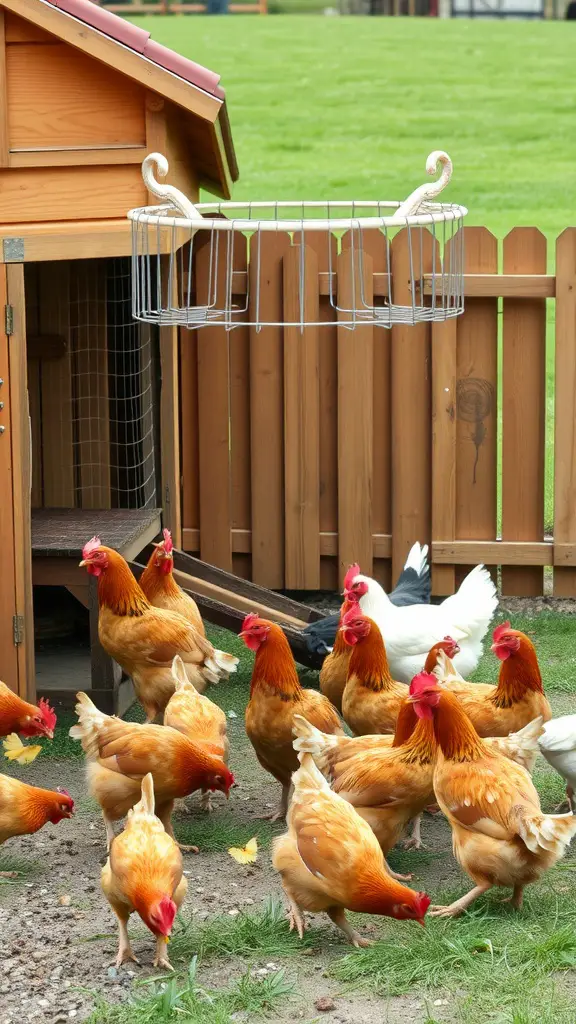 A group of chickens near a wooden coop and a freestanding roosting frame.