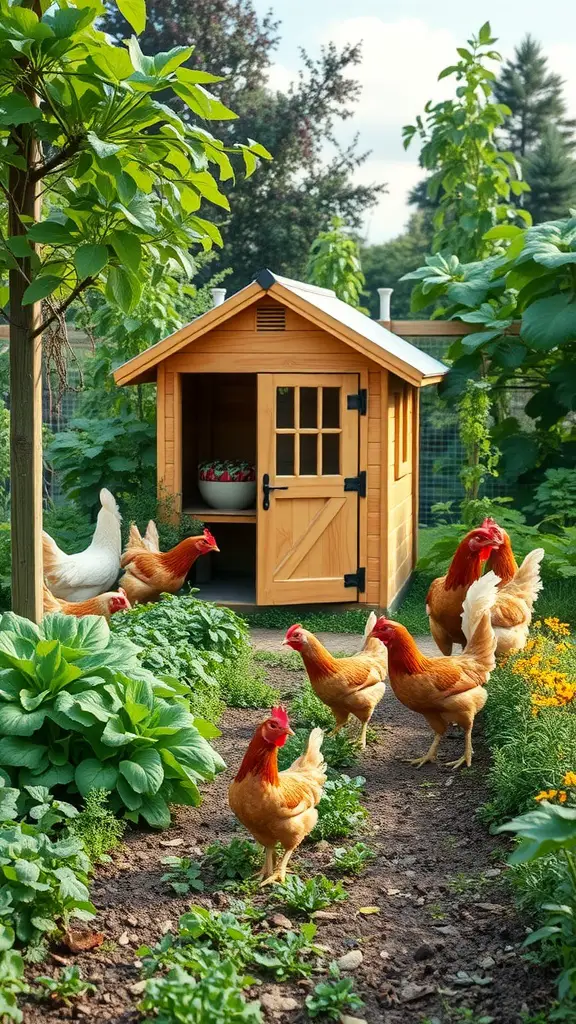 A charming wooden chicken coop surrounded by green plants and chickens in a garden.