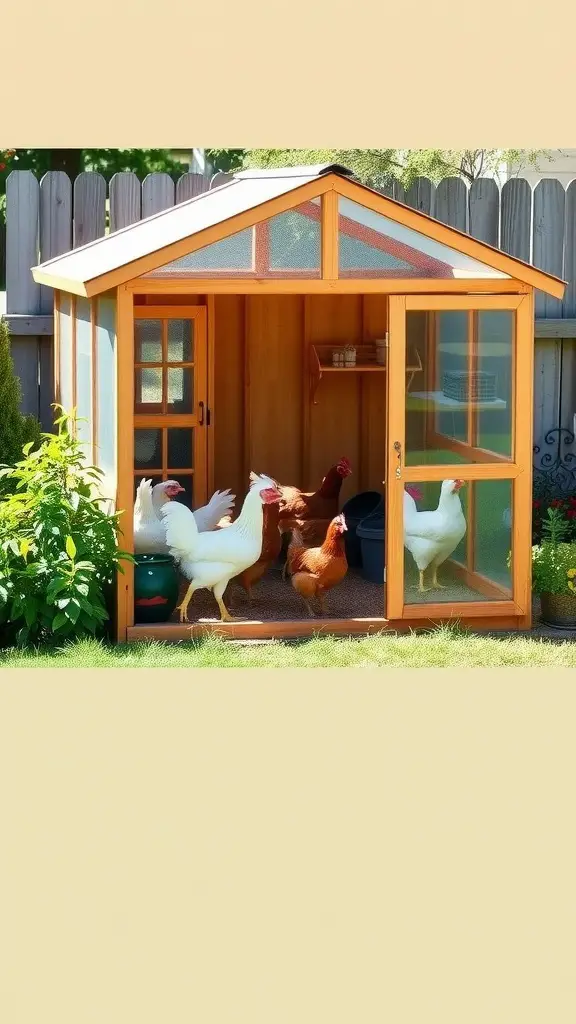 A charming structure that combines a chicken coop and greenhouse, featuring chickens inside and plants outside.