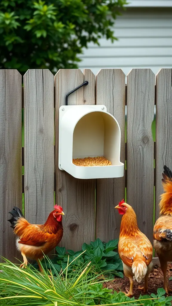 Gutter-style wall feeder with chickens feeding nearby.