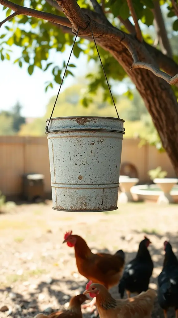 A hanging bucket feeder for chickens, suspended from a tree branch with chickens roaming below.