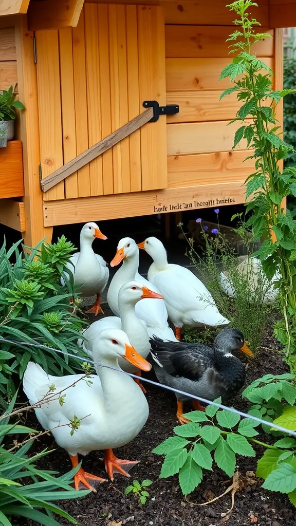 A group of ducks near a wooden coop surrounded by herbs and plants.