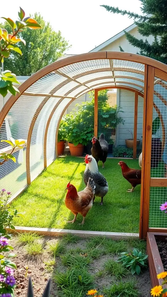 A hoop house chicken tractor with several chickens inside on green grass, surrounded by plants and flowers.