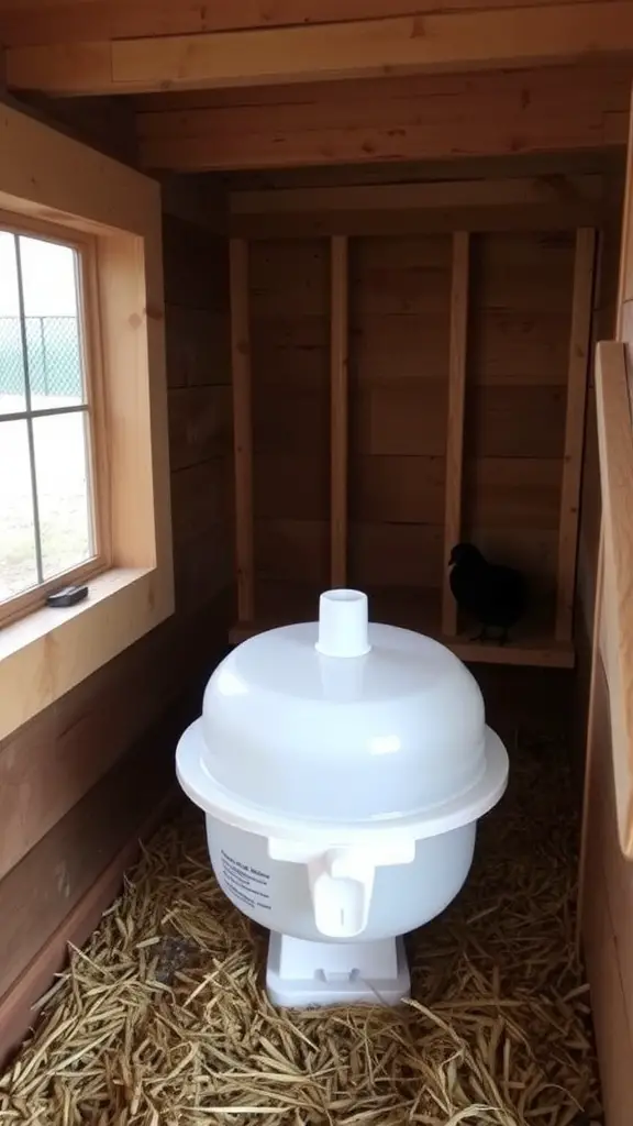 A clean chicken feed and water station inside a wooden coop