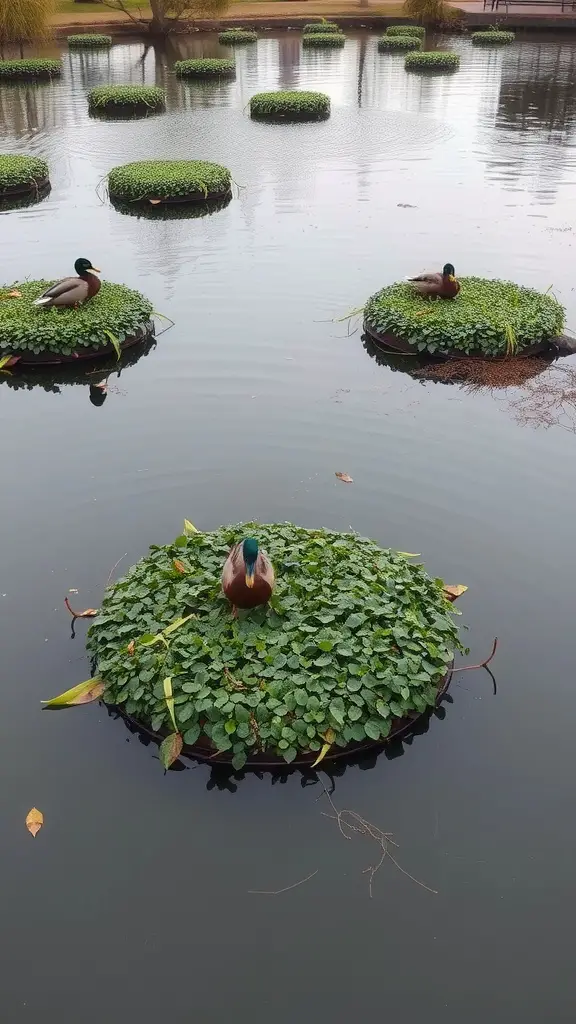 A serene pond with floating islands covered in greenery and ducks resting on them.