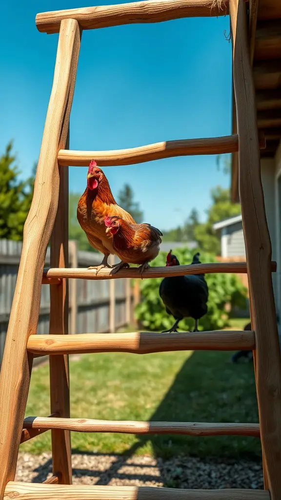 Two chickens perched on a wooden ladder-style roost in a sunny backyard