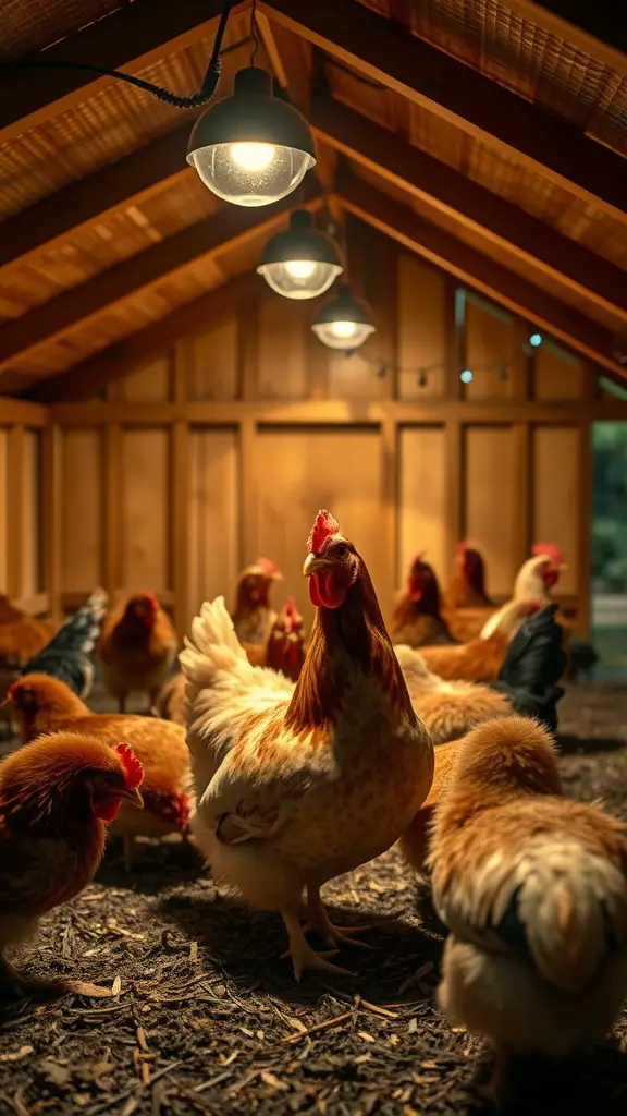 A well-lit chicken coop with hens, showcasing effective lighting solutions for egg production.