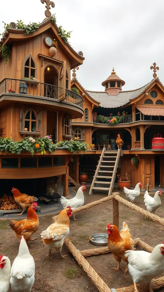 A whimsical luxury chicken mansion with vibrant colors and an elegant staircase, surrounded by happy chickens.