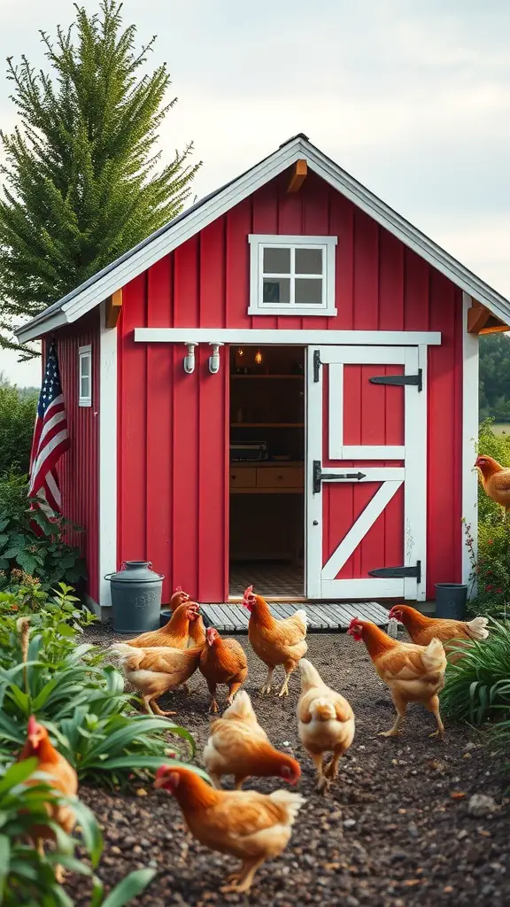 A modern barn-style chicken house with a red exterior, surrounded by chickens and a garden.