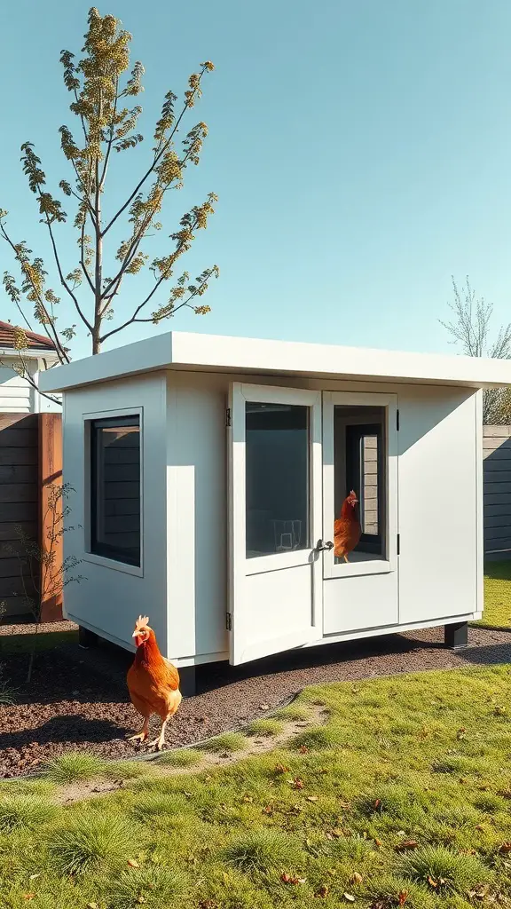 A modern minimalist chicken house with a sleek design and a chicken outside.