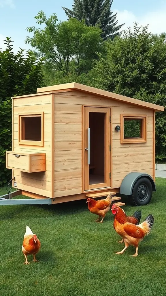 A modern minimalist chicken coop on wheels surrounded by chickens in a green yard.