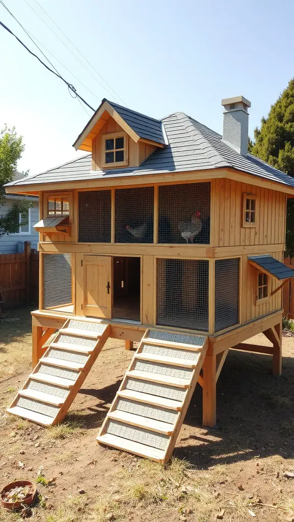 A multi-level chicken coop designed like a house with ramps and wooden structure