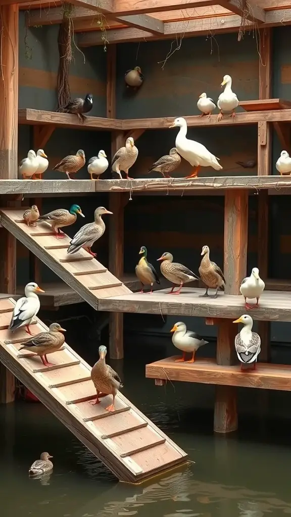 A multi-level duck habitat featuring ducks on different platforms and ramps.