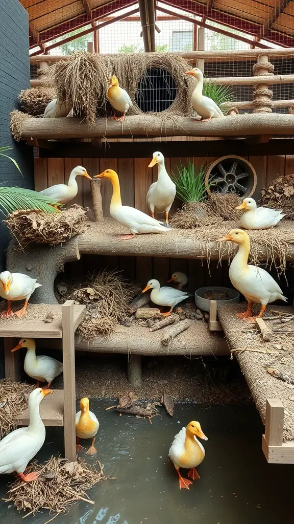 An image of a multi-level duck habitat with ducks resting on various platforms and a water area at the bottom.
