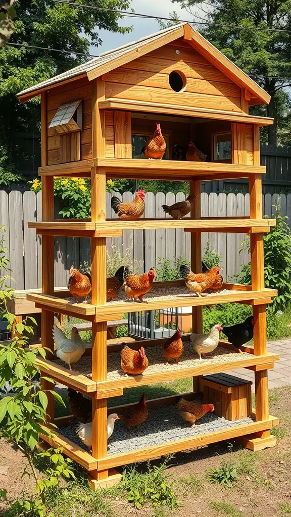 A multi-tiered chicken roosting structure with several chickens perched on different levels.