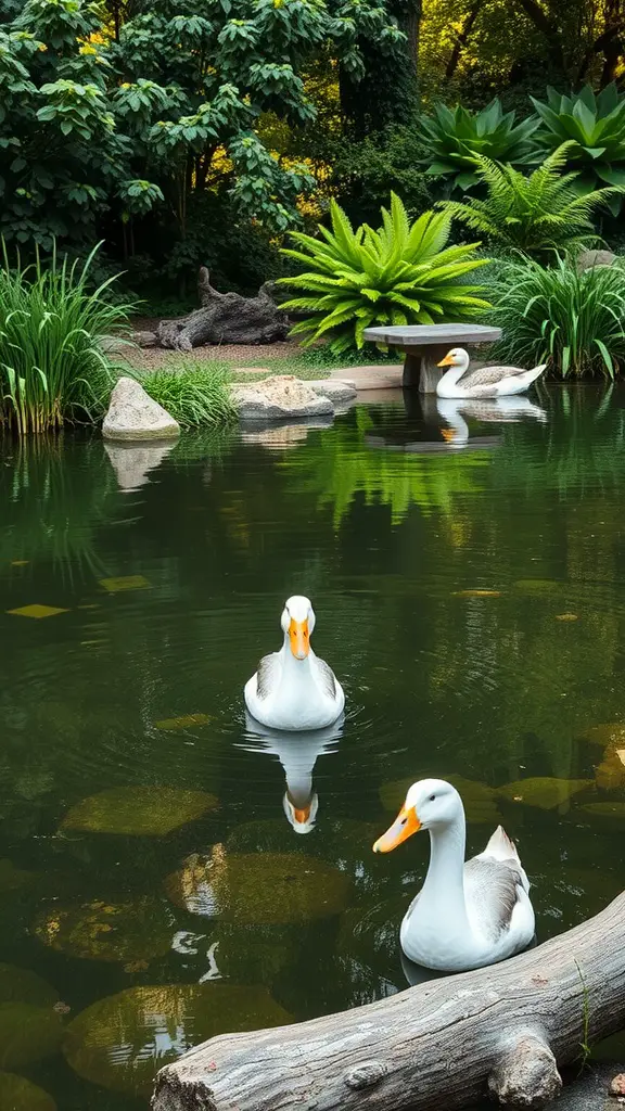 A beautiful duck pond surrounded by lush greenery and decorative plants.