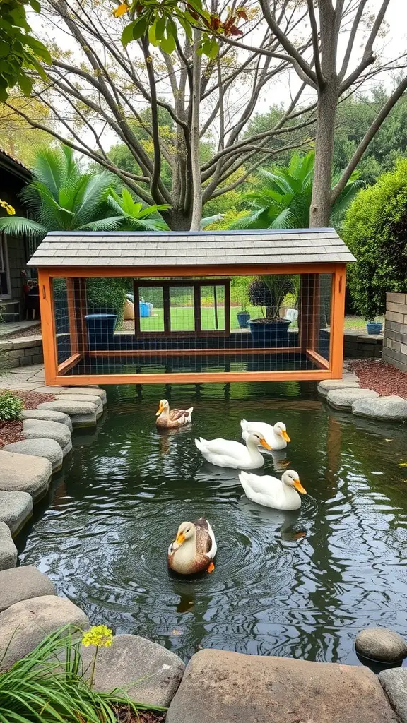 A beautiful duck pond with a wooden enclosure and ducks swimming.